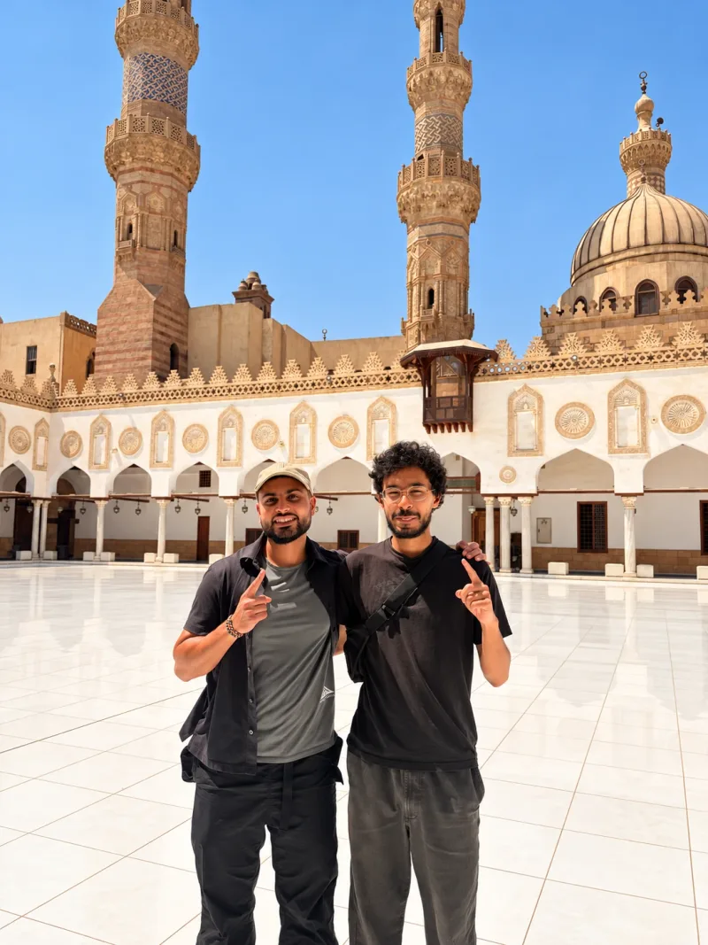 📍 Al-Azhar Mosque, Cairo · In the courtyard with a friend